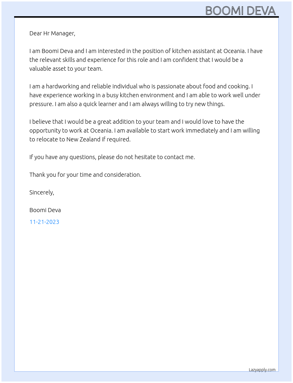 Kitchen assistant At Oceania Cover Letter