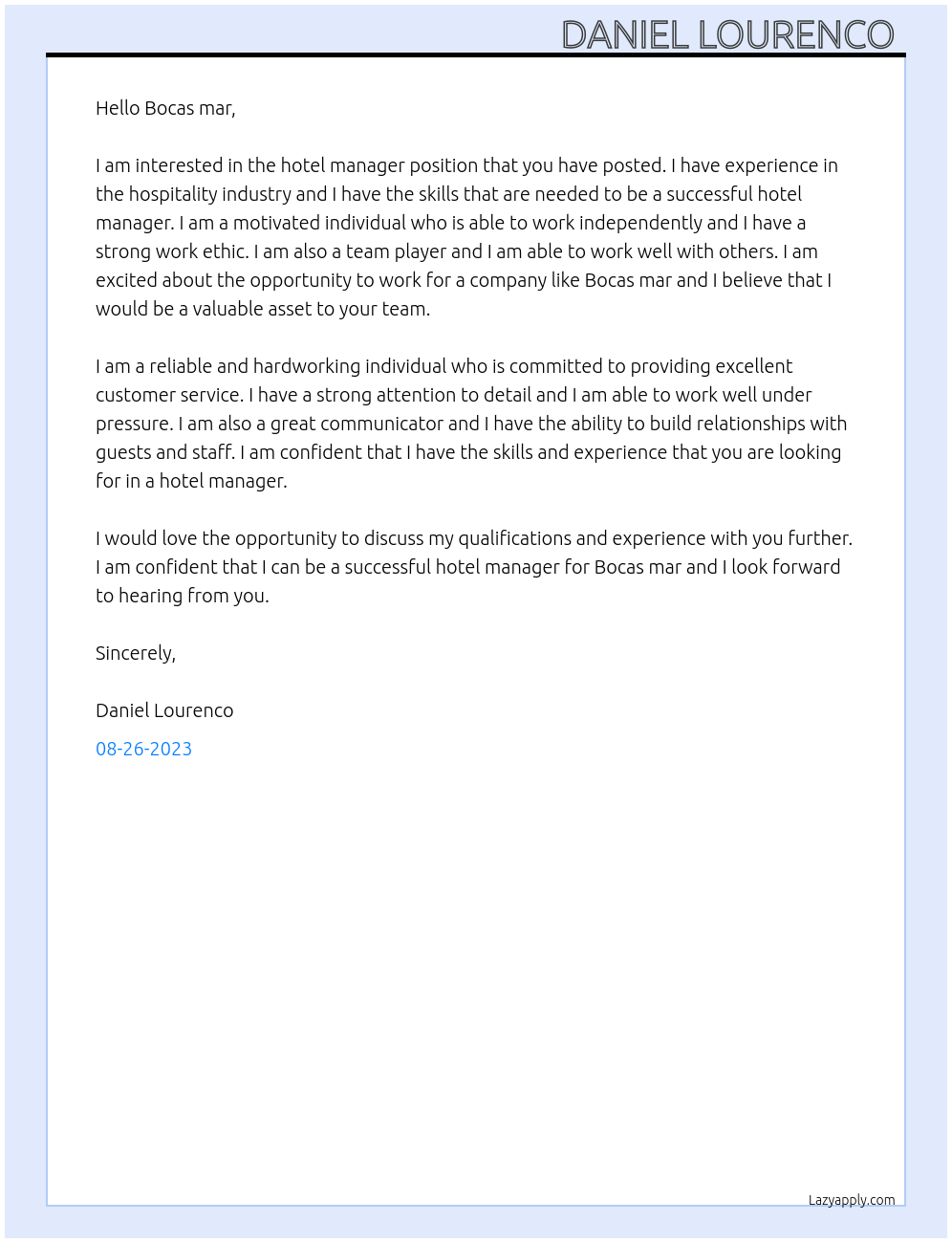 Hotel Manager At Bocas mar Cover Letter