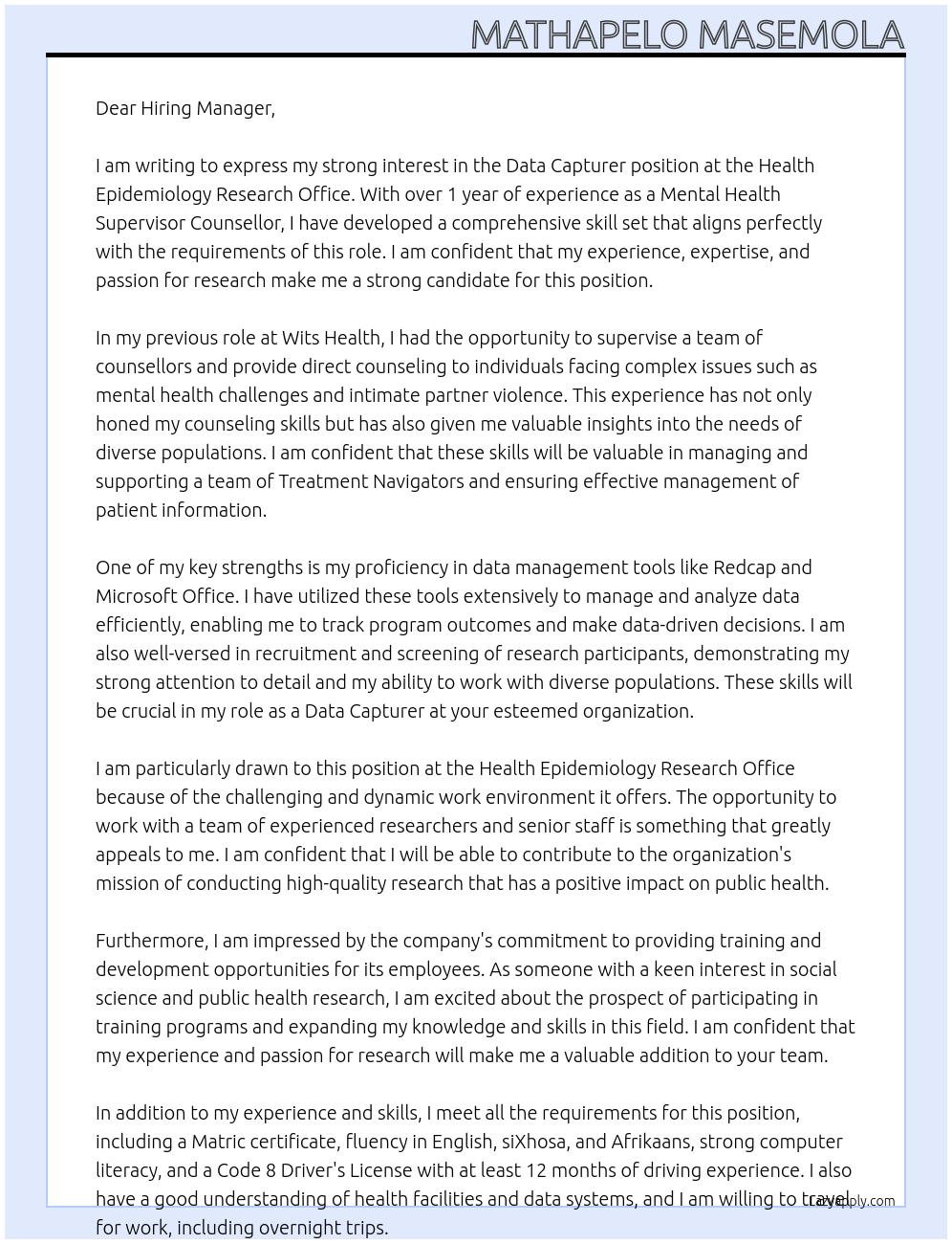 Data Capturer At Health Epidemiology Research Office Cover Letter