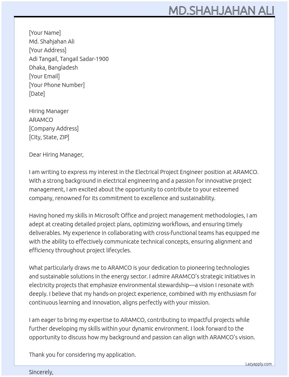 Electrical Project Engineer At ARAMCO Cover Letter