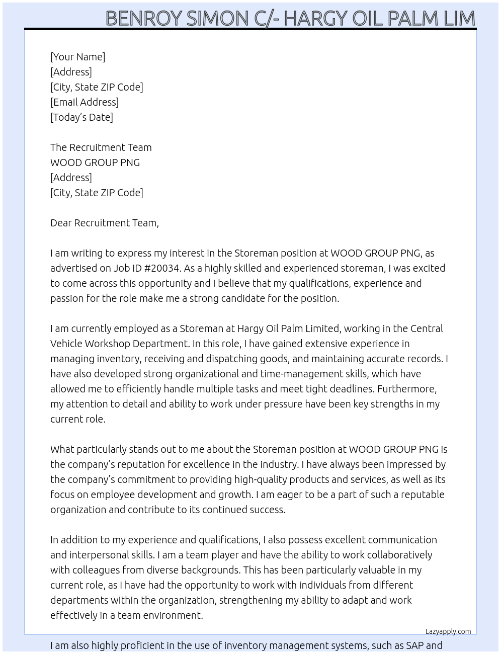 Storeman At WOOD GROUP PNG Job ID: #20034 Cover Letter