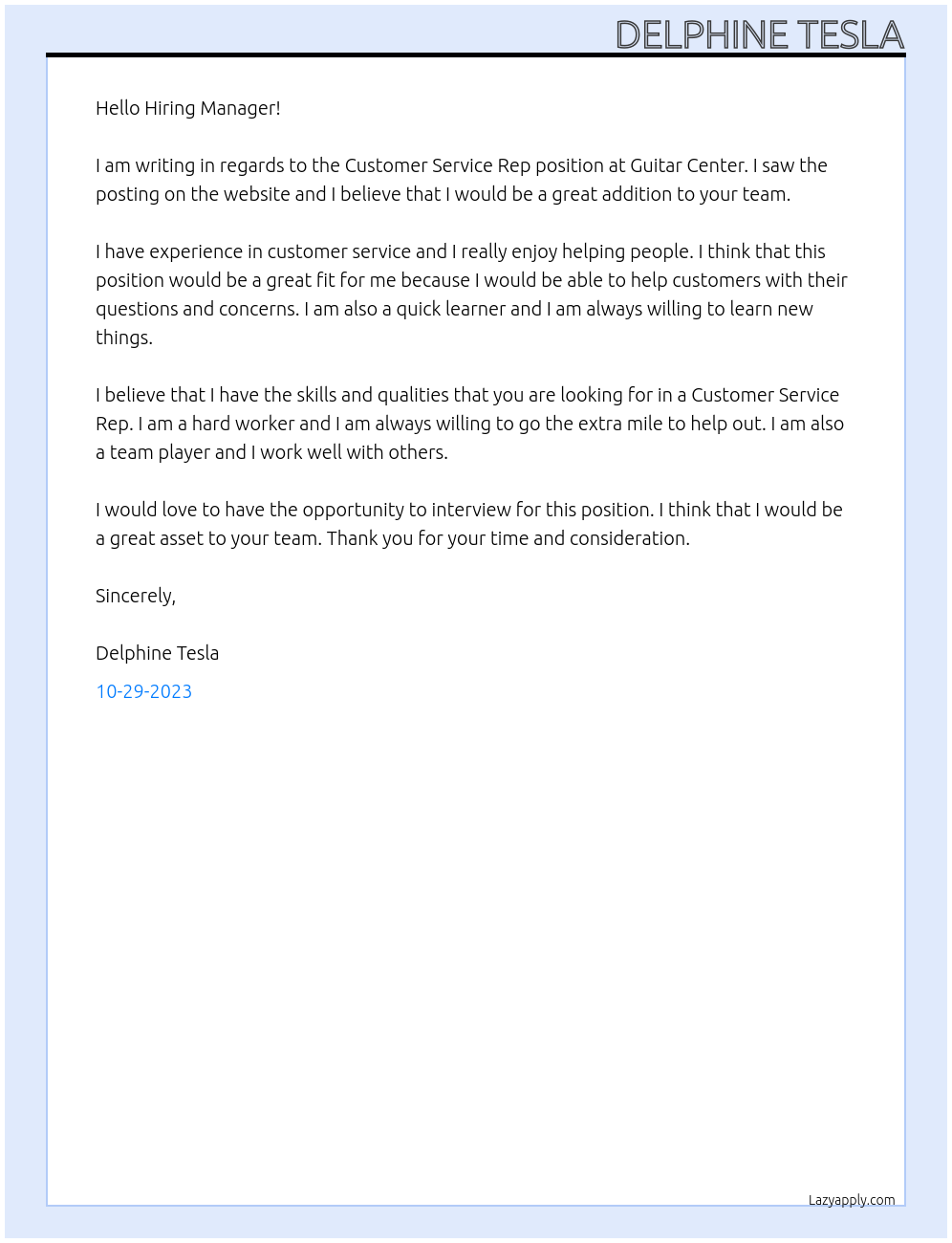 Customer Service Rep At Guitar Center Cover Letter