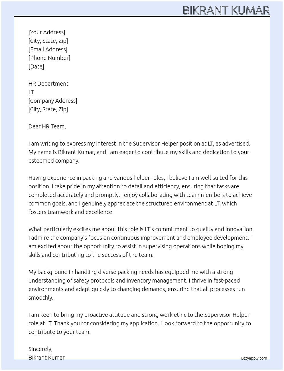 Supervisor helper At LT Cover Letter