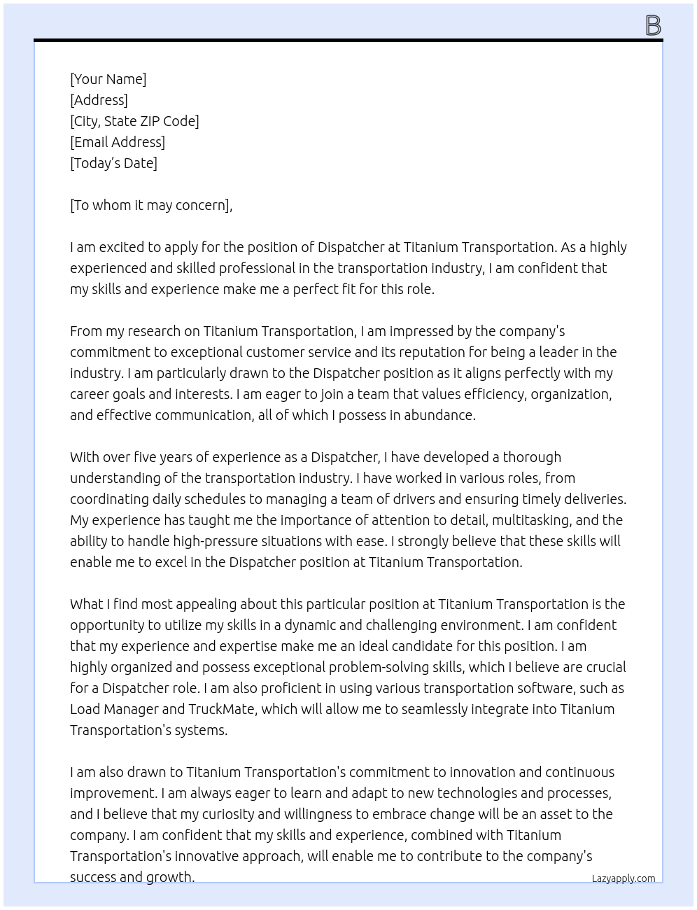 Dispatcher At Titanium Transportation Cover Letter