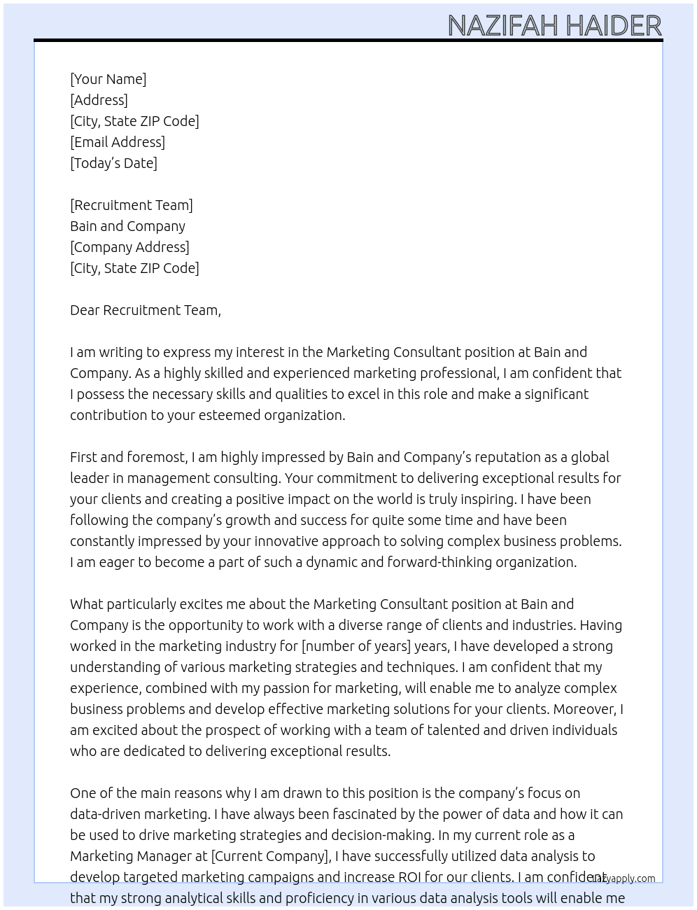 Marketing Consultant At Bain and Company Cover Letter