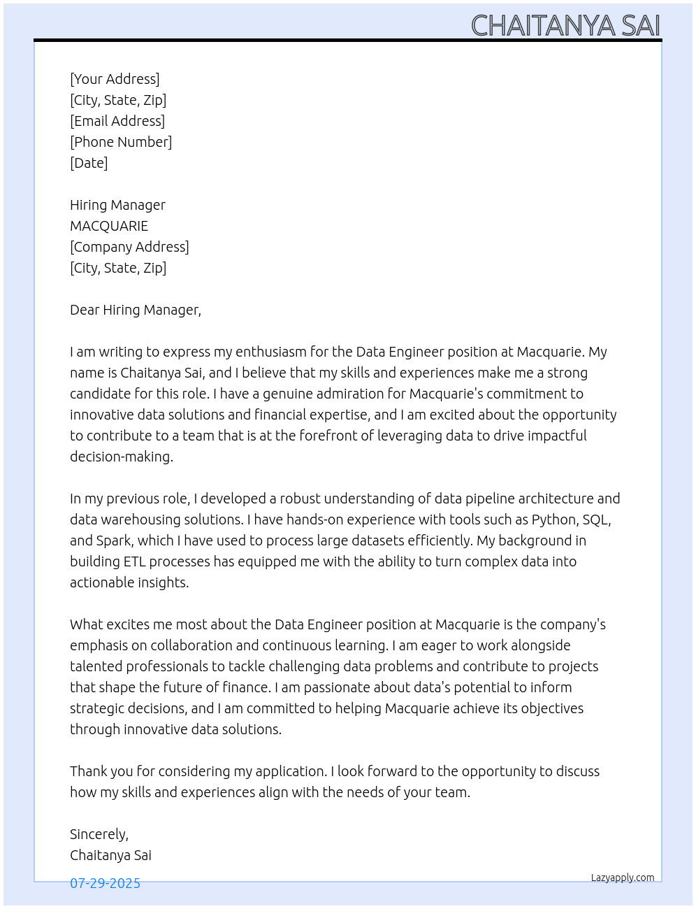 Data Engineer At MACQUARIE Cover Letter