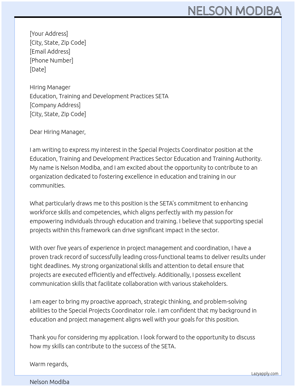 Cover letter for special projects coordinator - LazyApply