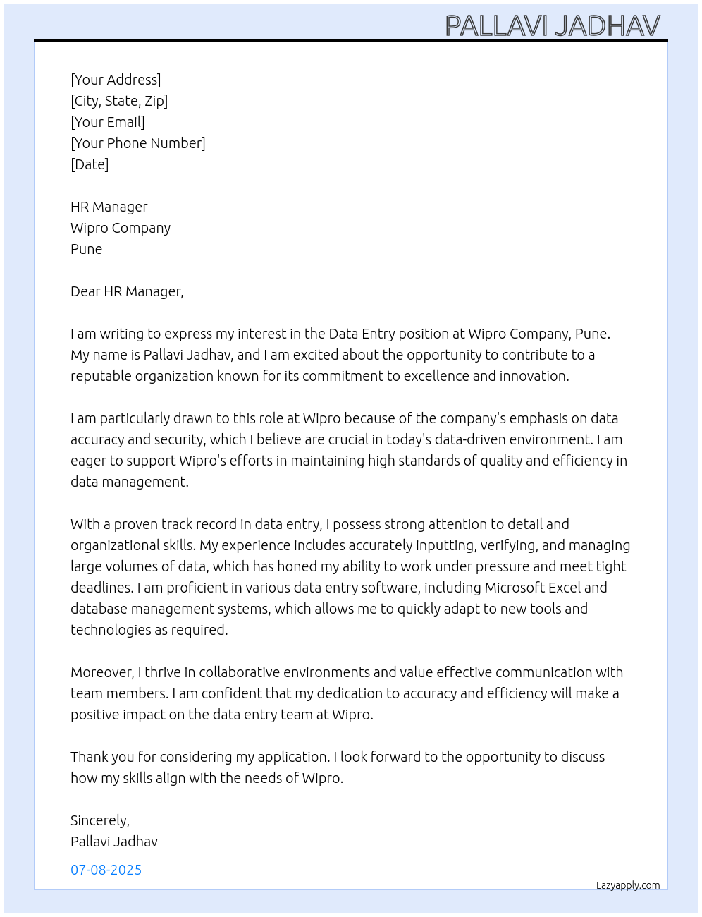 Data entry At Wipro company pune Cover Letter