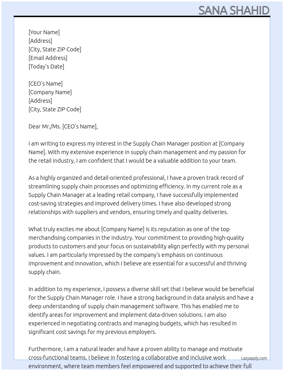 Supply Chain Manager At merchandising companies  Cover Letter