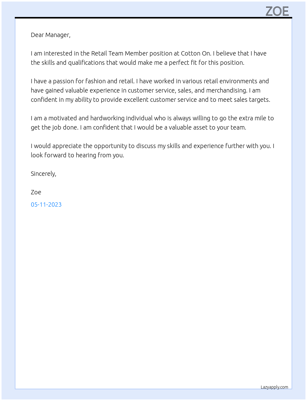 Retail Team Member At Cotton On Cover Letter