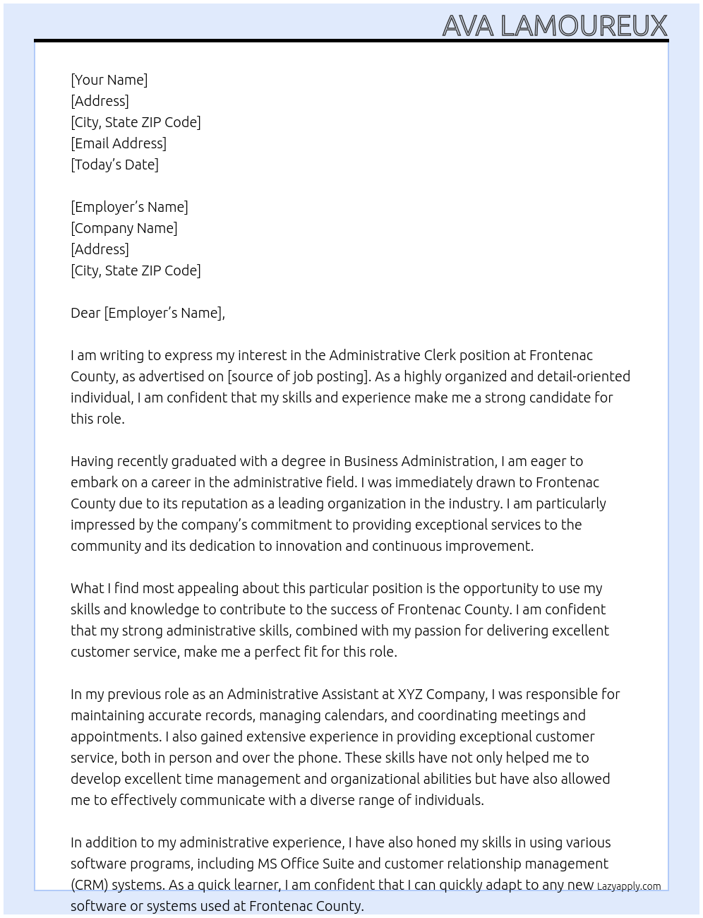 Administrative Clerk At Frontenac County Cover Letter