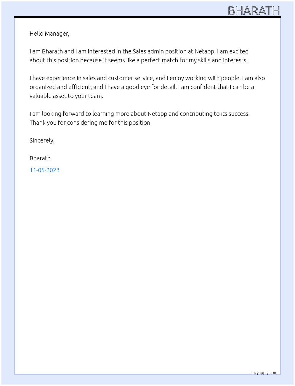 Sales admin At Netapp Cover Letter