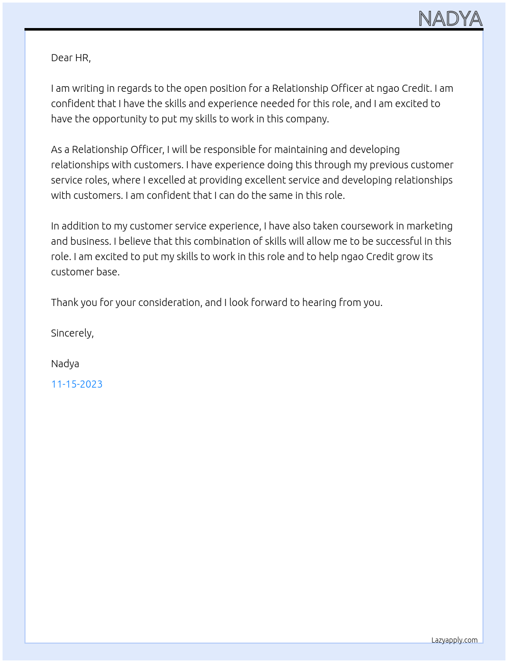 relationship officer At ngao credit Cover Letter