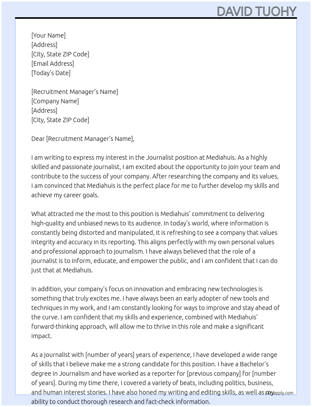 Journalist At Mediahuis Cover Letter