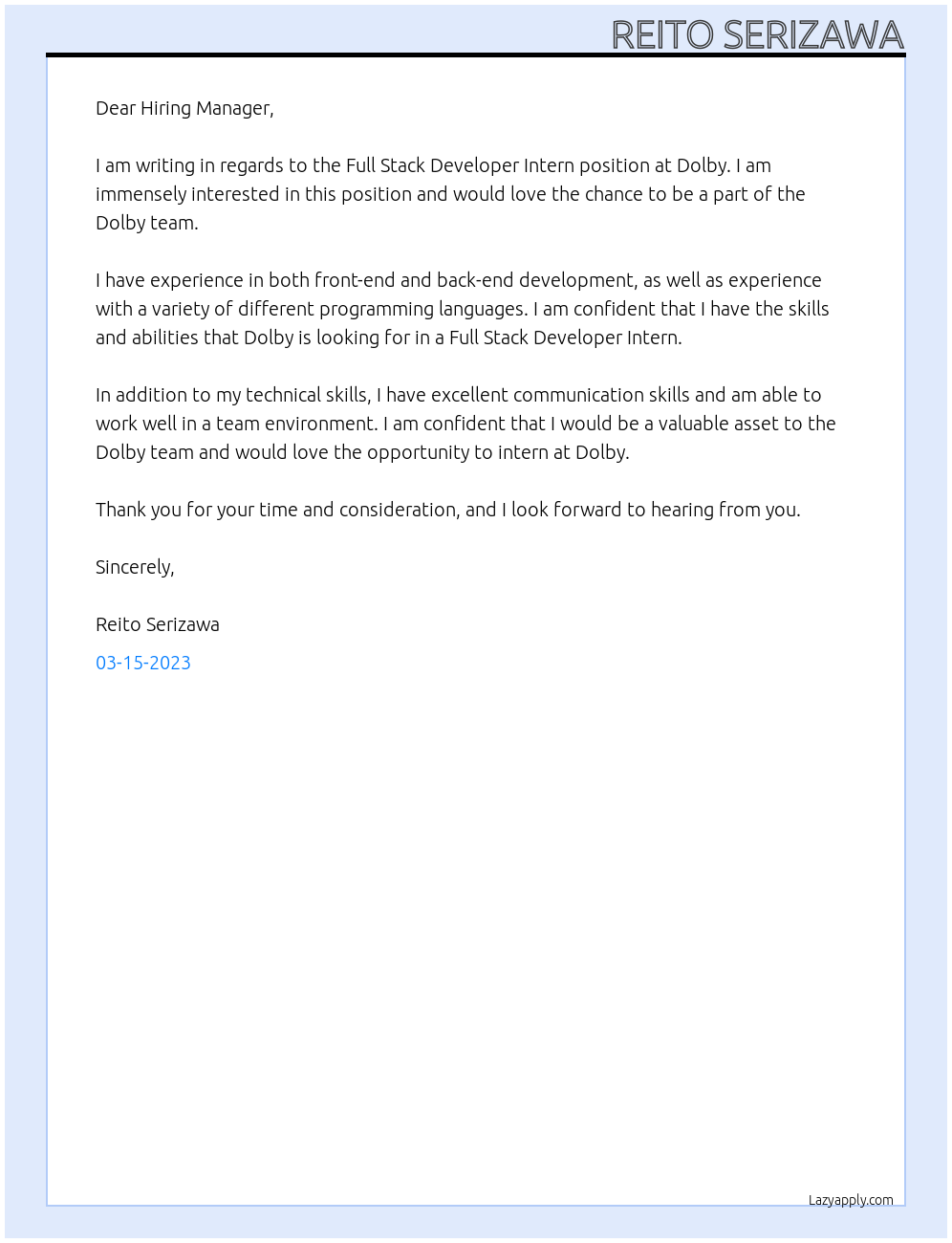 Full Stack Developer Intern At Dolby Cover Letter