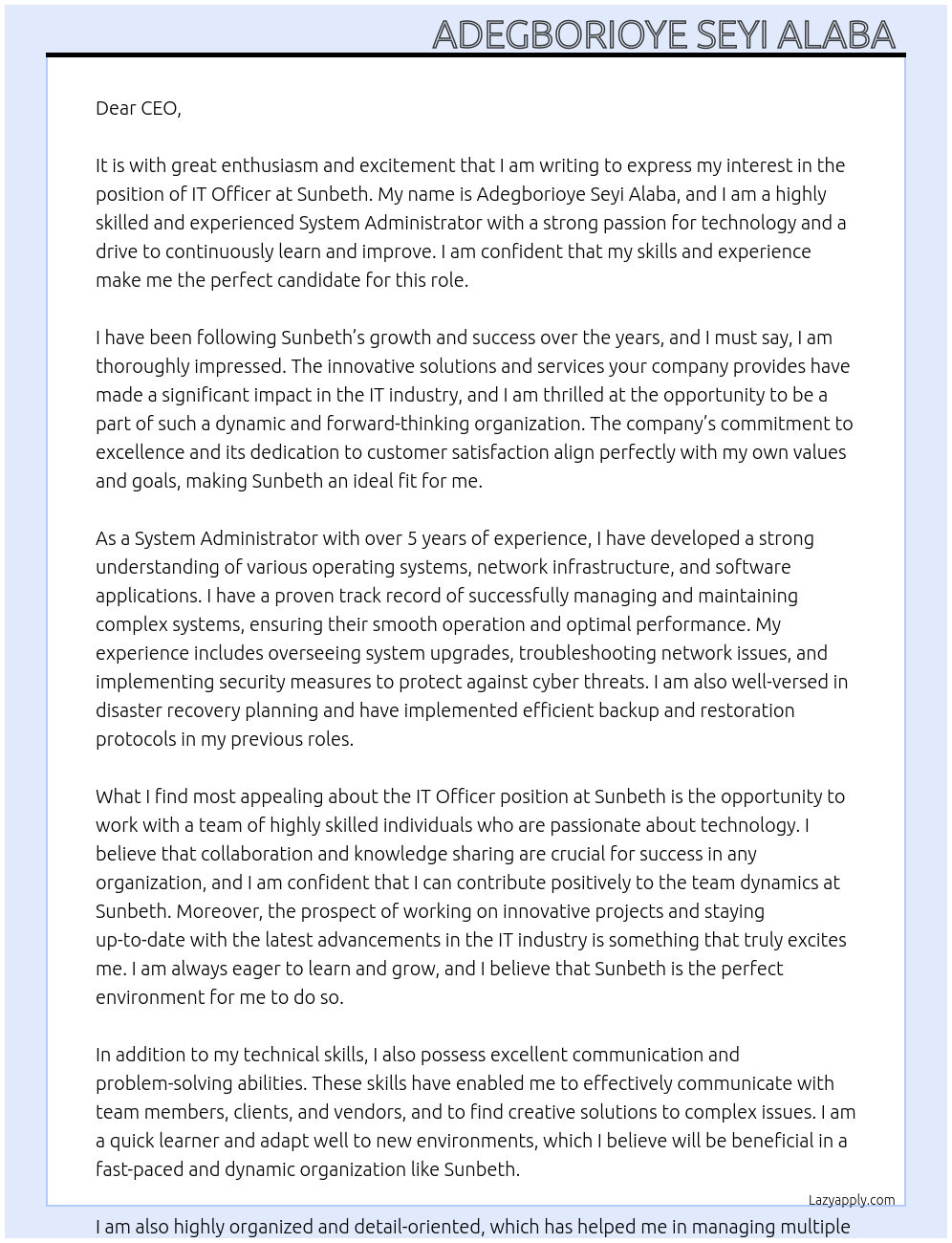 IT OFFICER At Sunbeth Cover Letter