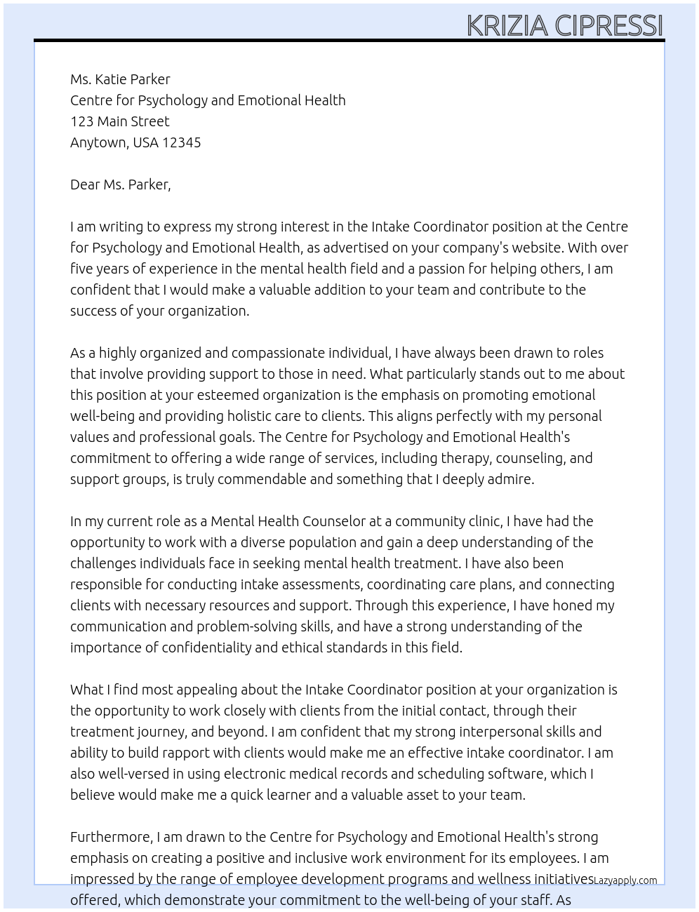 Intake Coordinator At Centre for Psychology and Emotional Health Cover Letter