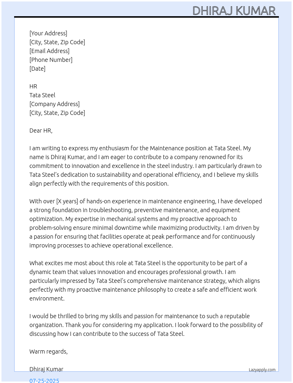 Maintenance  At Tata Steel  Cover Letter