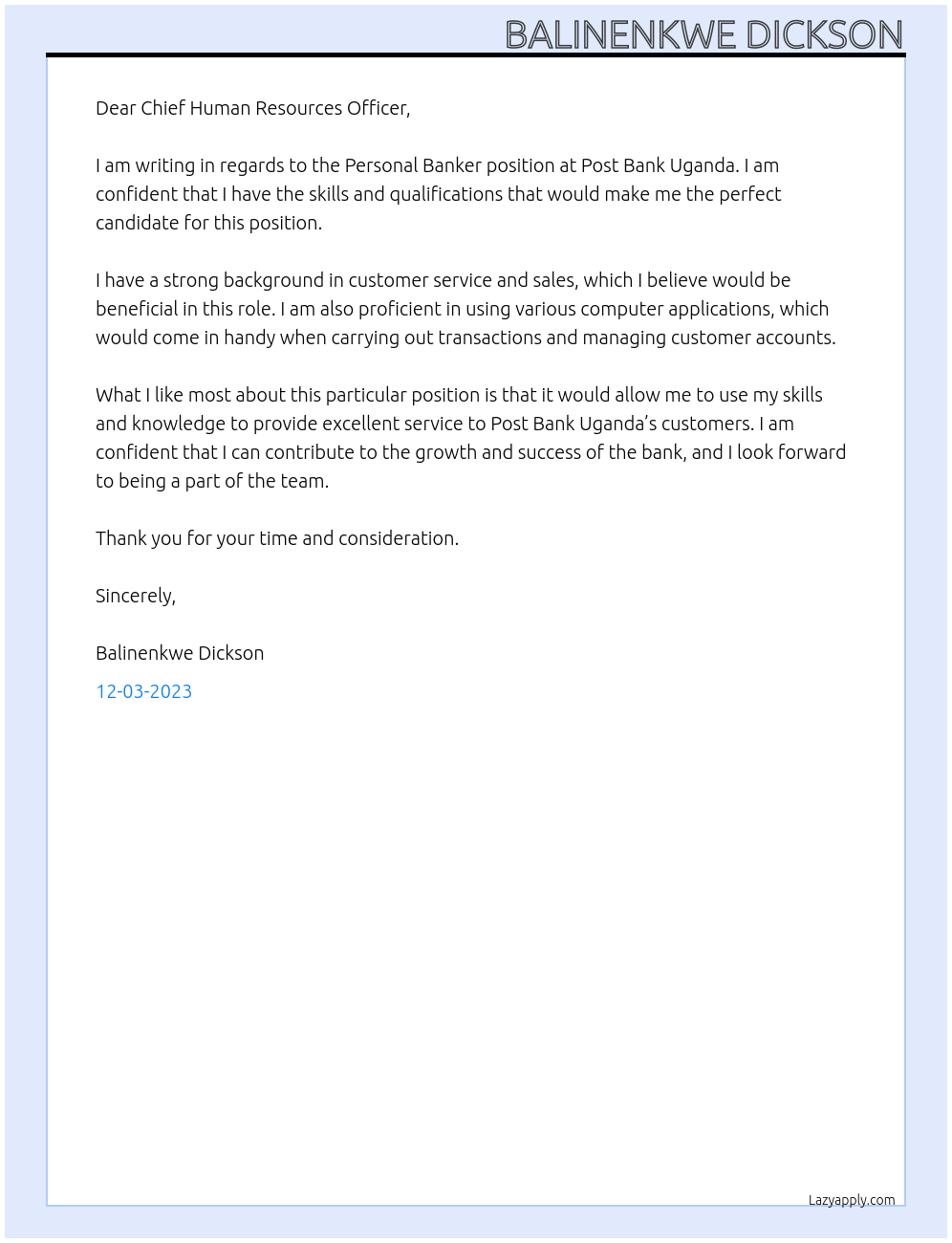 PERSONAL BANKER At POST BANK UGANDA Cover Letter