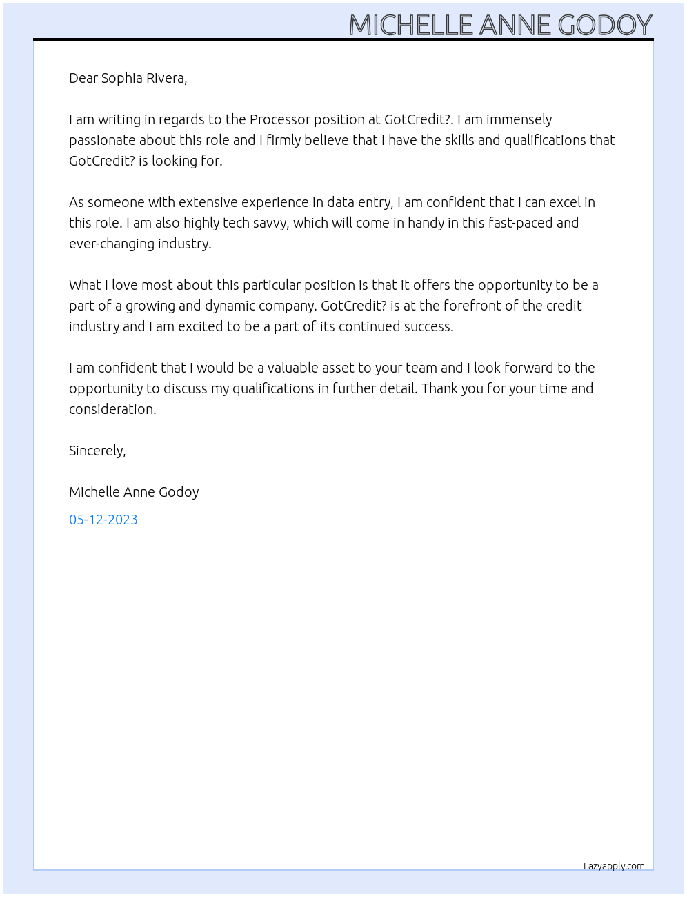 Processor At GotCredit? Cover Letter