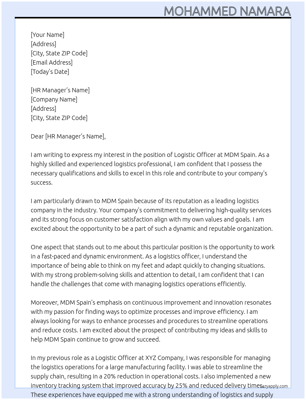 Logistic Officer At MDM Spain  Cover Letter