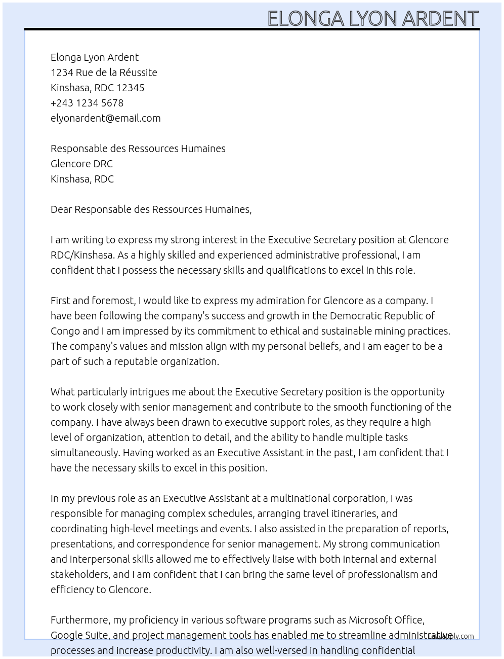 Executive Secretary At Glencore RDC/Kinshasa Cover Letter