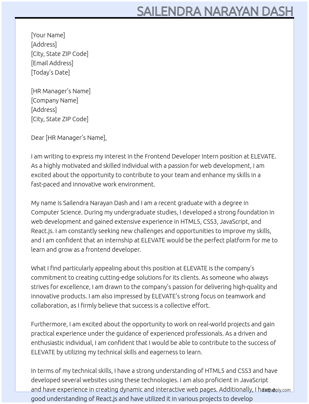 Frontend developer intern At ELEVATE Cover Letter