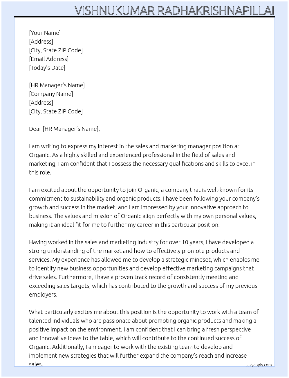 sales and marketing manager At organic Cover Letter