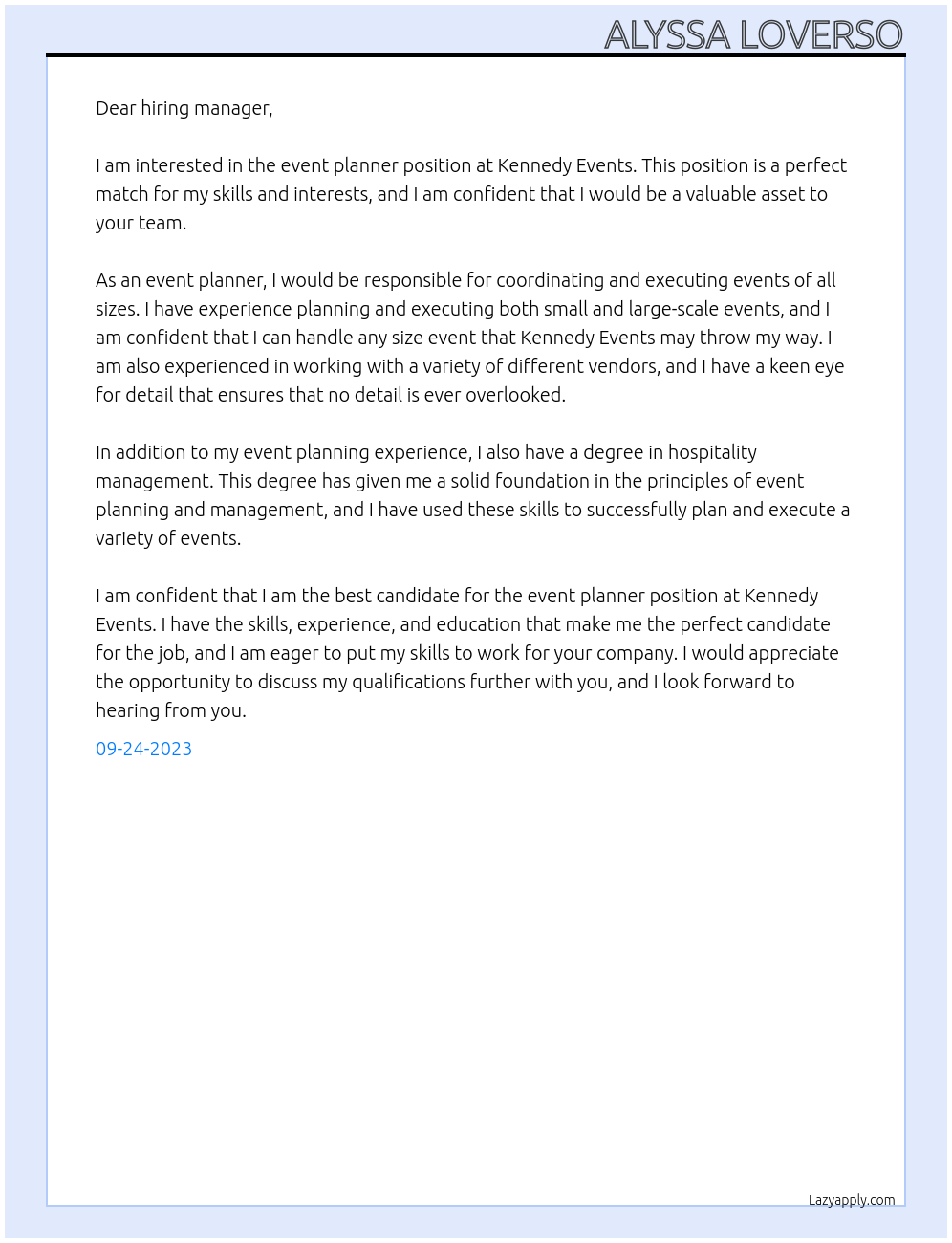 Event Planner At Kennedy Events Cover Letter