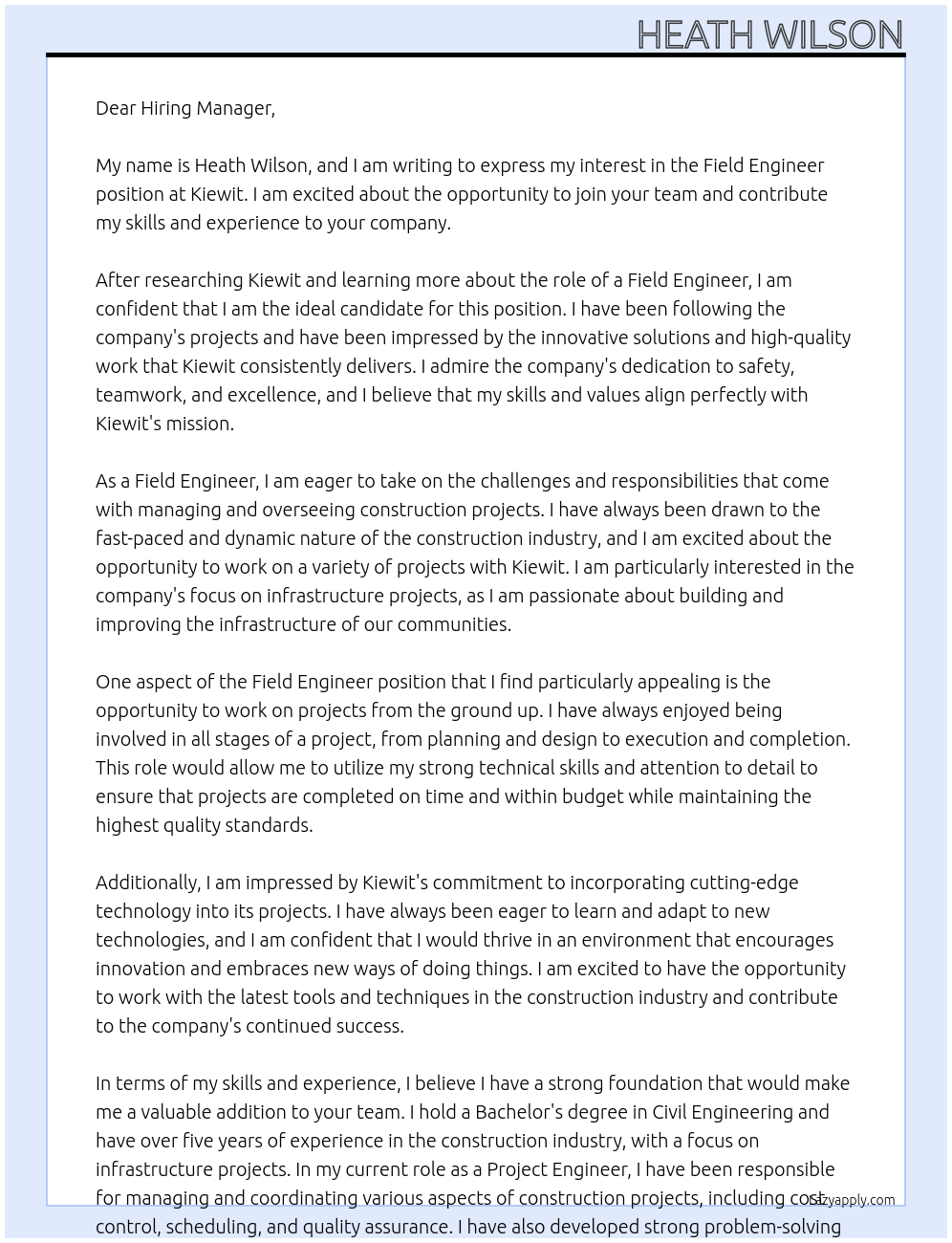 Field Engineer At Kiewit Cover Letter