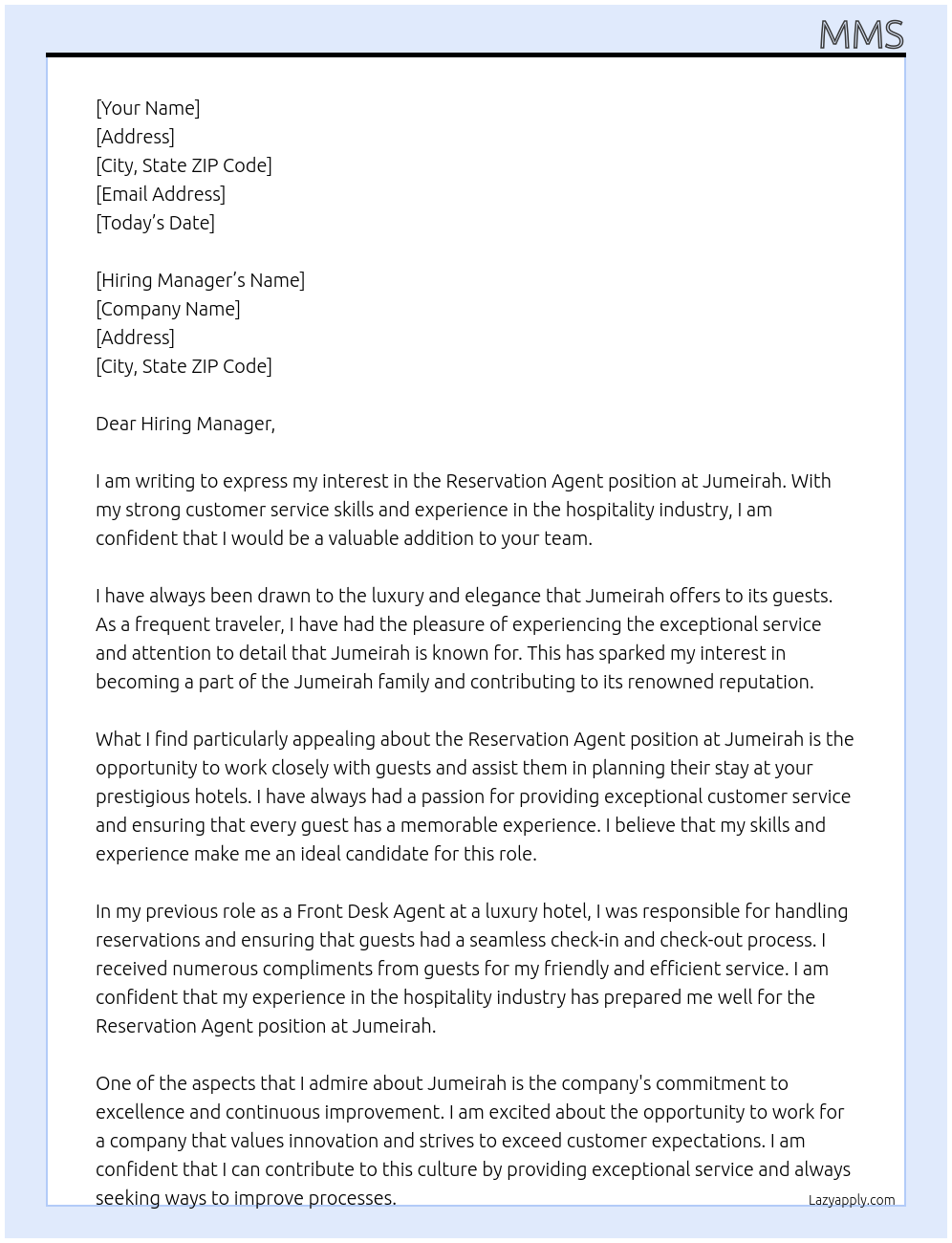 Reservation agent At Jumeirah Cover Letter