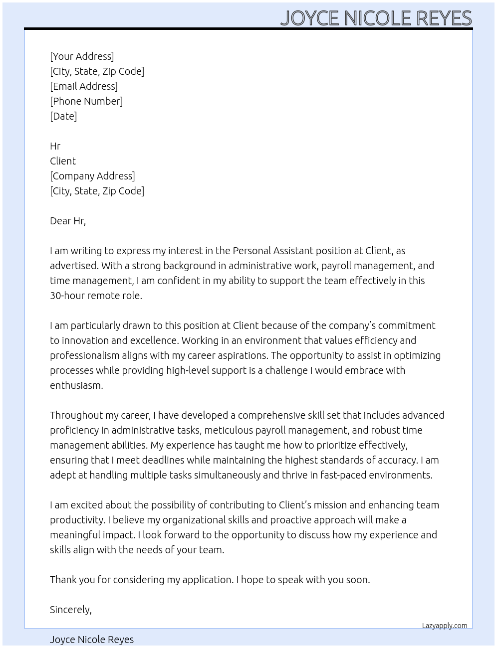 Personal Assistant At Client Cover Letter