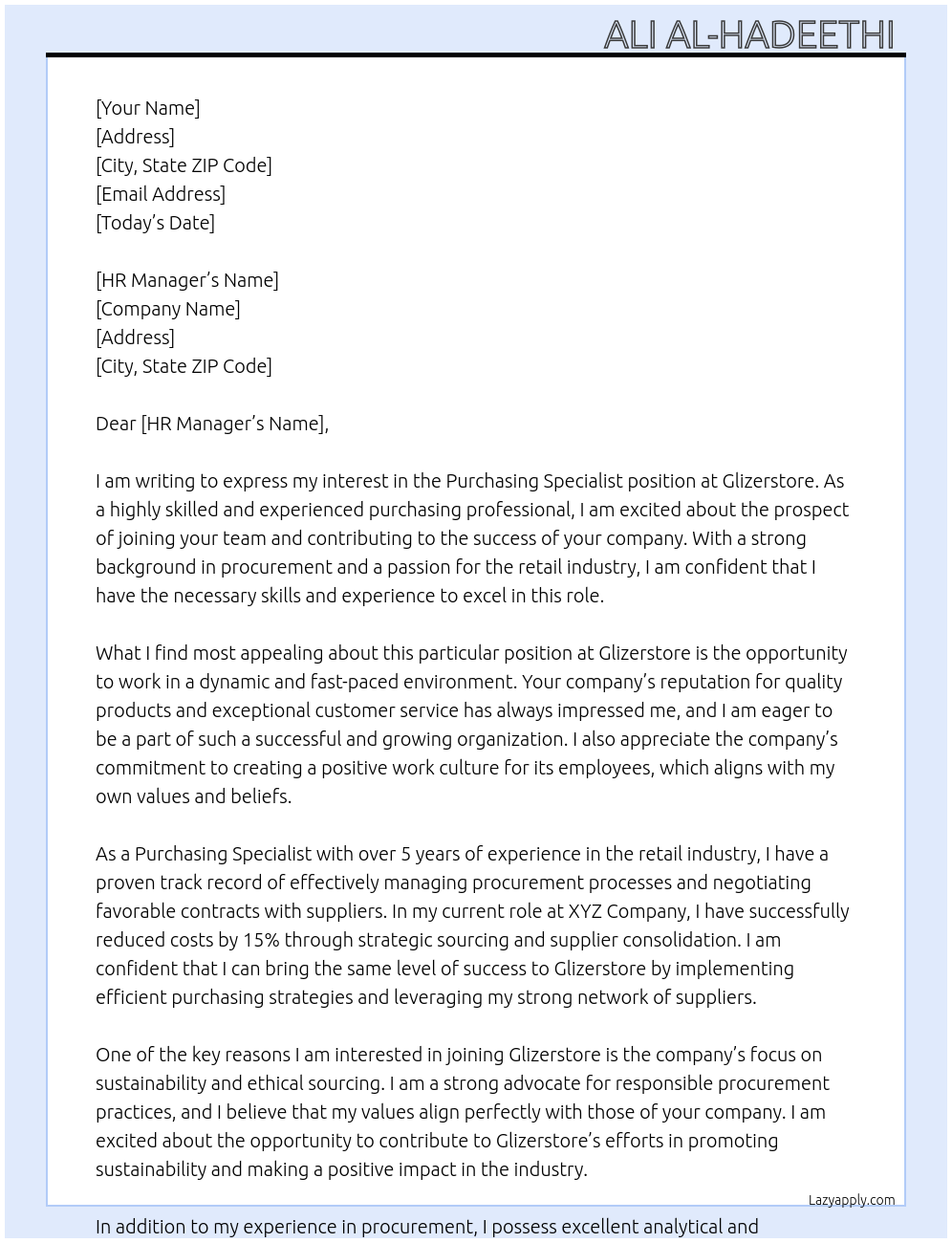 Purchasing Specialist At glizerstore Cover Letter