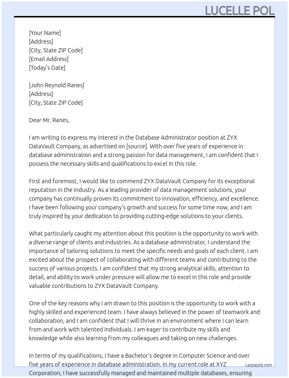 database administrator At ZYX DataVault Company Cover Letter