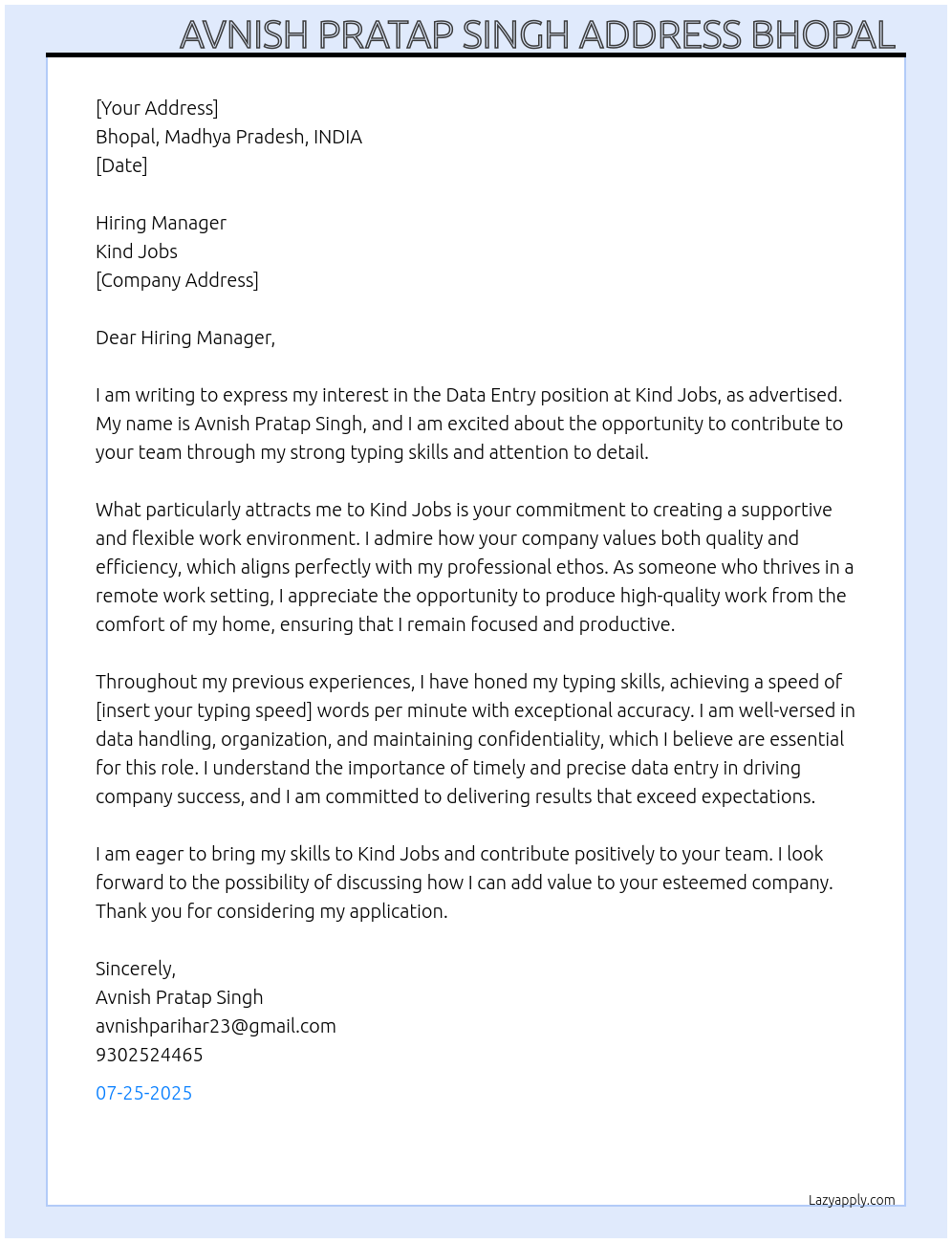 Data entry At Kind Jobs Cover Letter