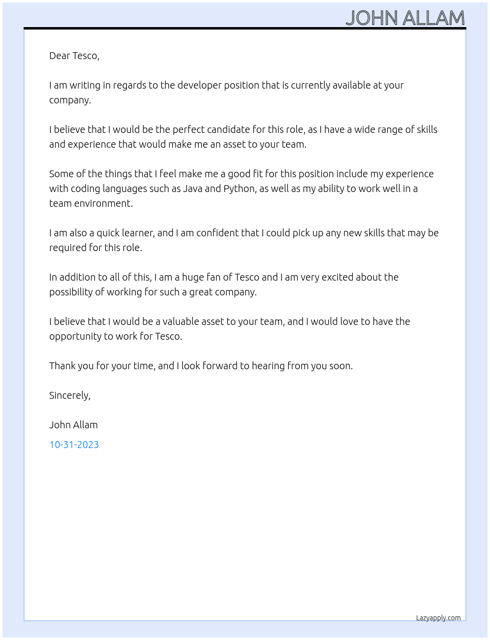 developer At Tesco Cover Letter