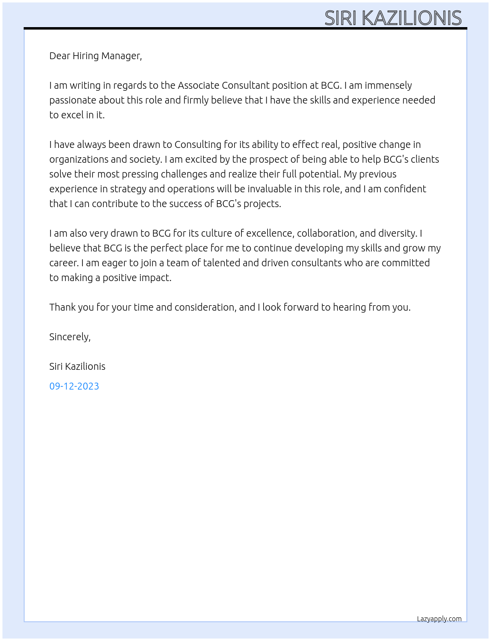 Associate consultant At BCG Cover Letter