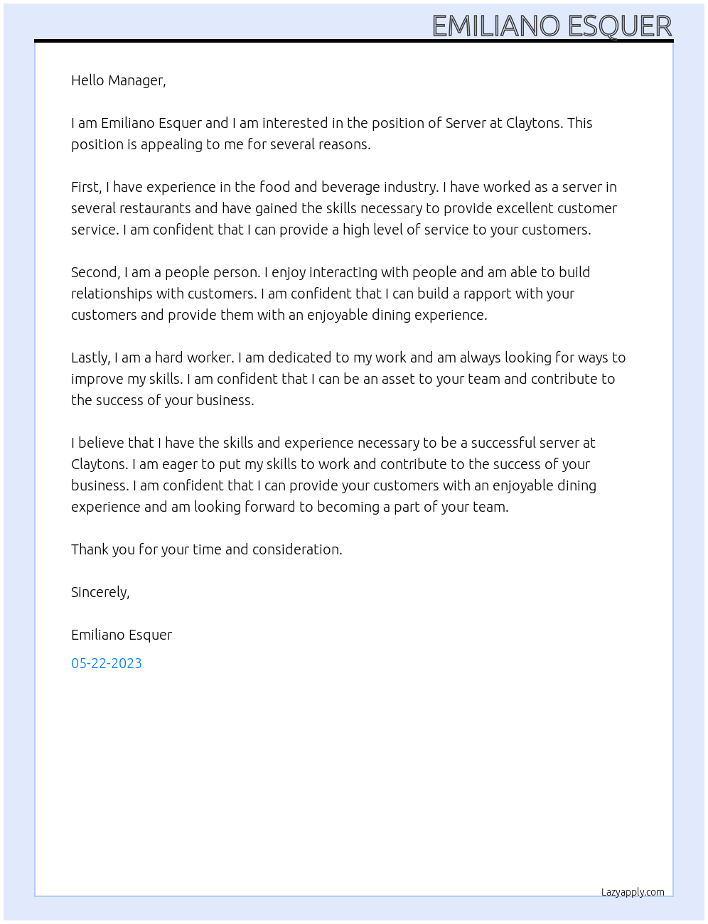 Server At Claytons Cover Letter