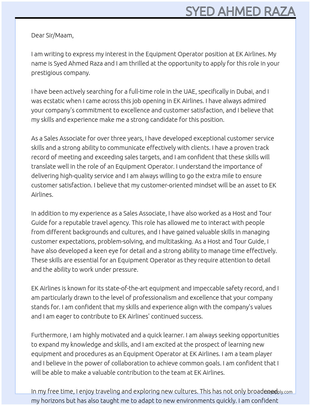 Equipment operator At EK airlines Cover Letter