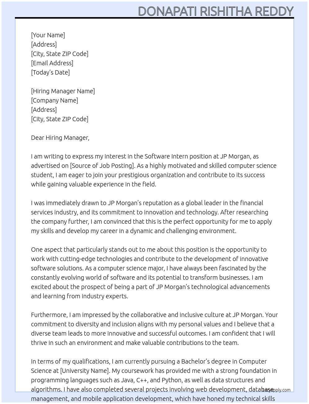 Software intern At JP Morgan Cover Letter