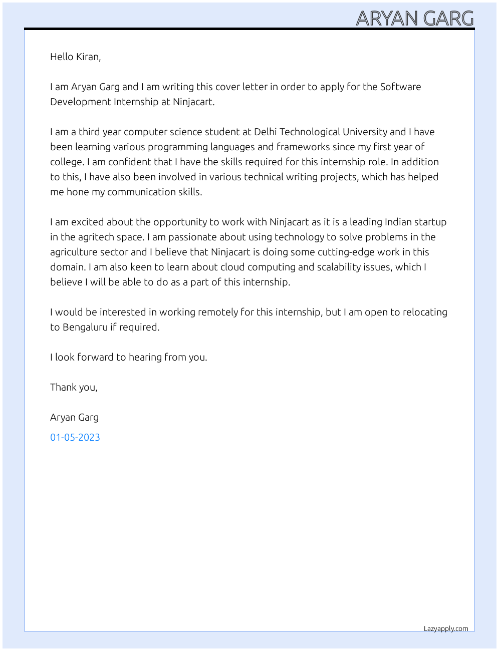 Software Development Internship At Ninjacart Cover Letter