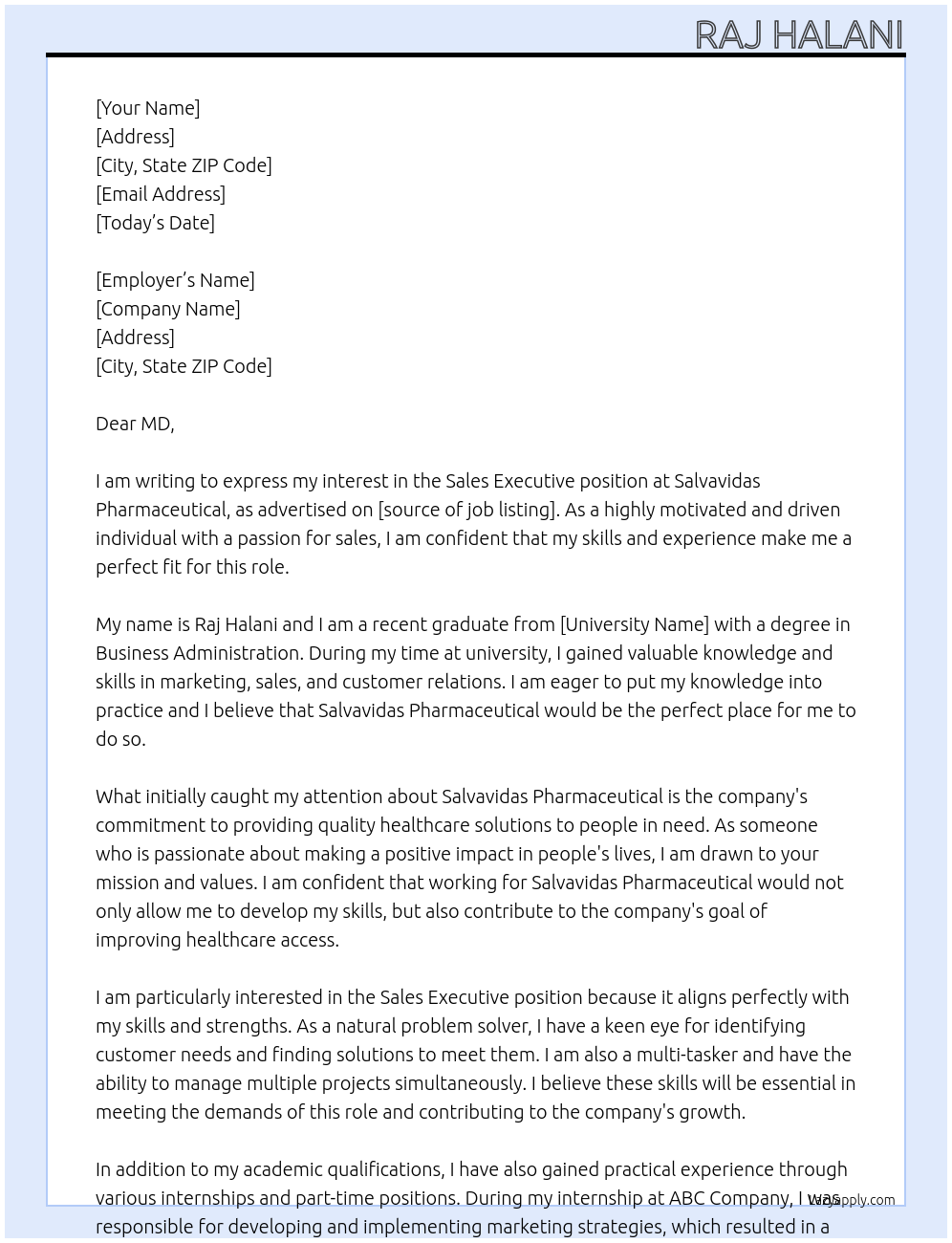 sales excutive At salvavidas pharmaceuticval Cover Letter