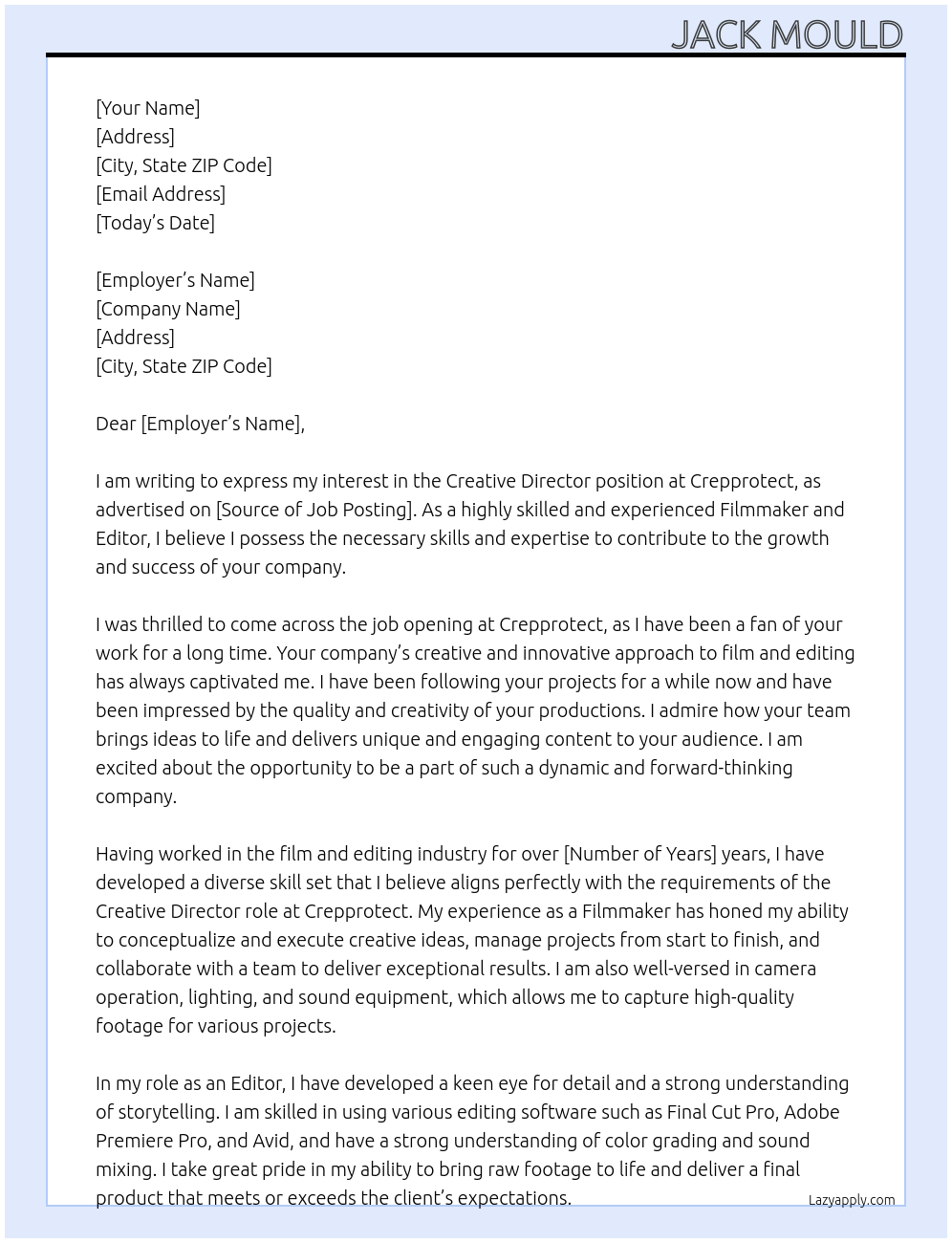 Creative director At Crepprotect Cover Letter