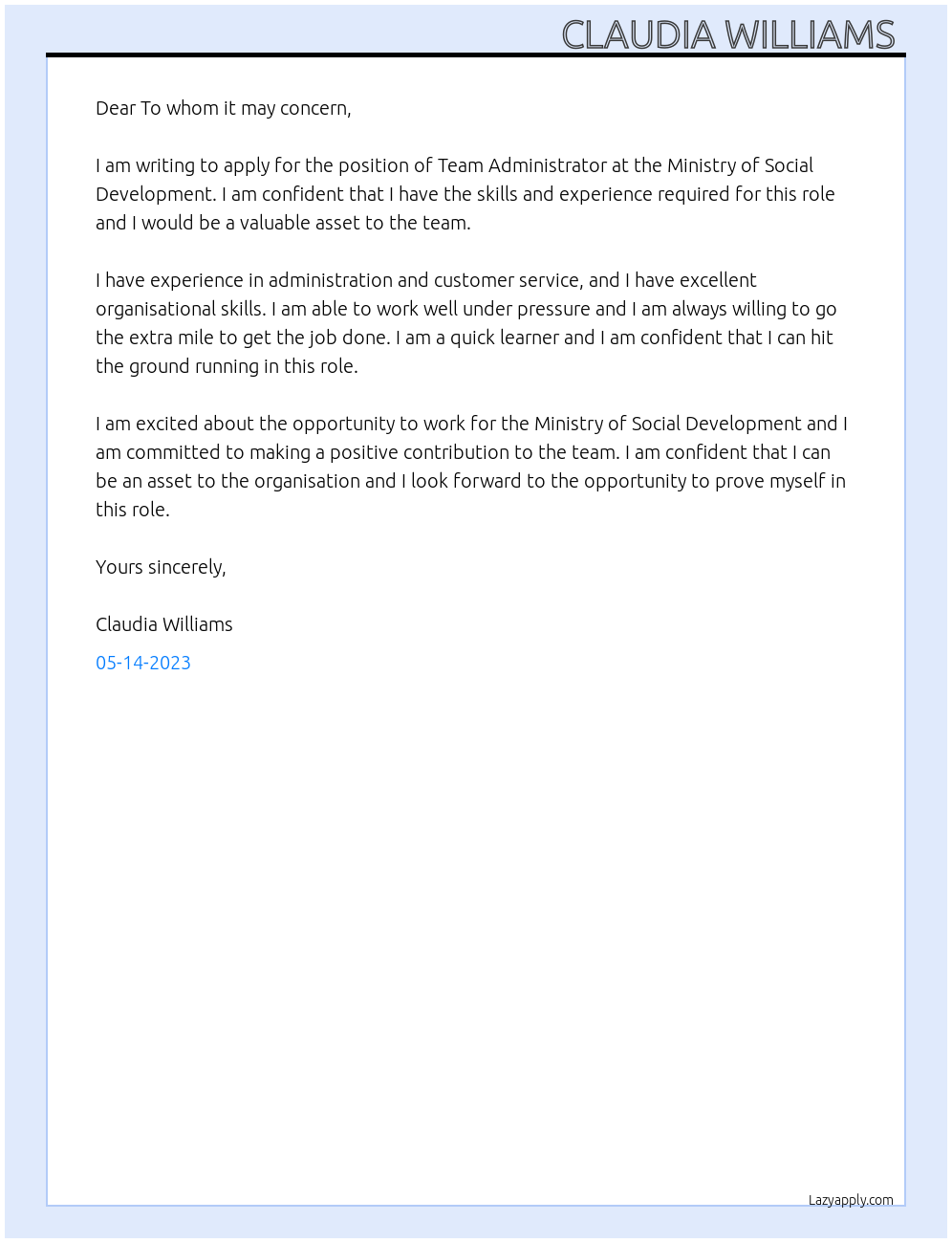 Team administrator At Ministry of social development Cover Letter