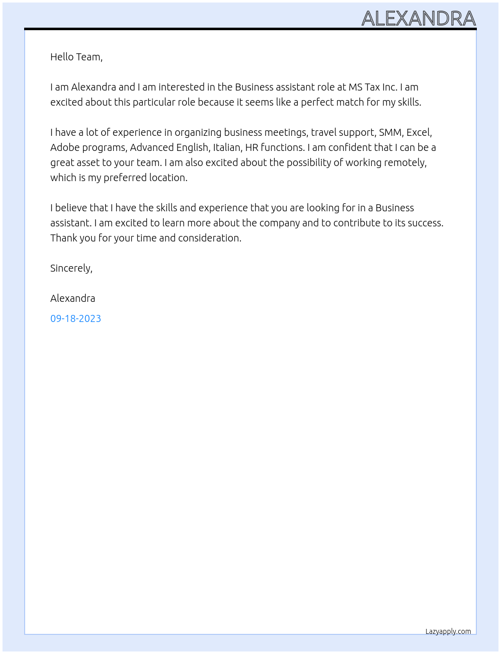 Business assistant  At MS Tax Inc Cover Letter