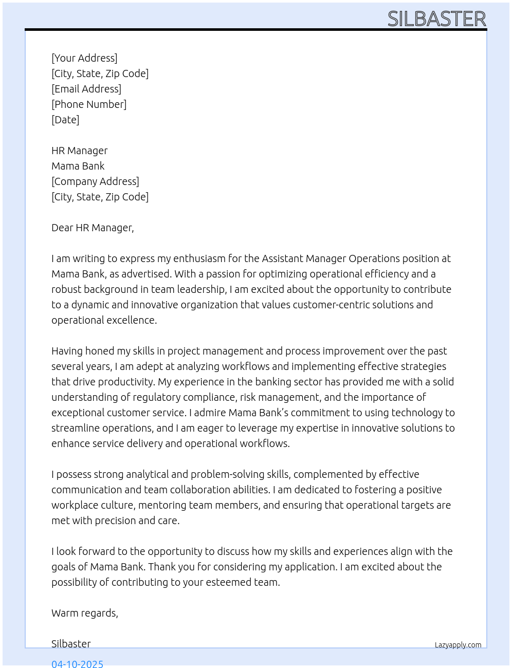 Cover letter for assistant manager operations - LazyApply