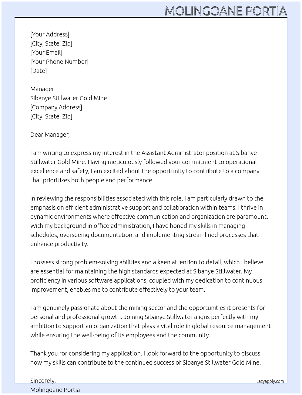 assistant administrator At Sibanye Stillwater gold mine Cover Letter