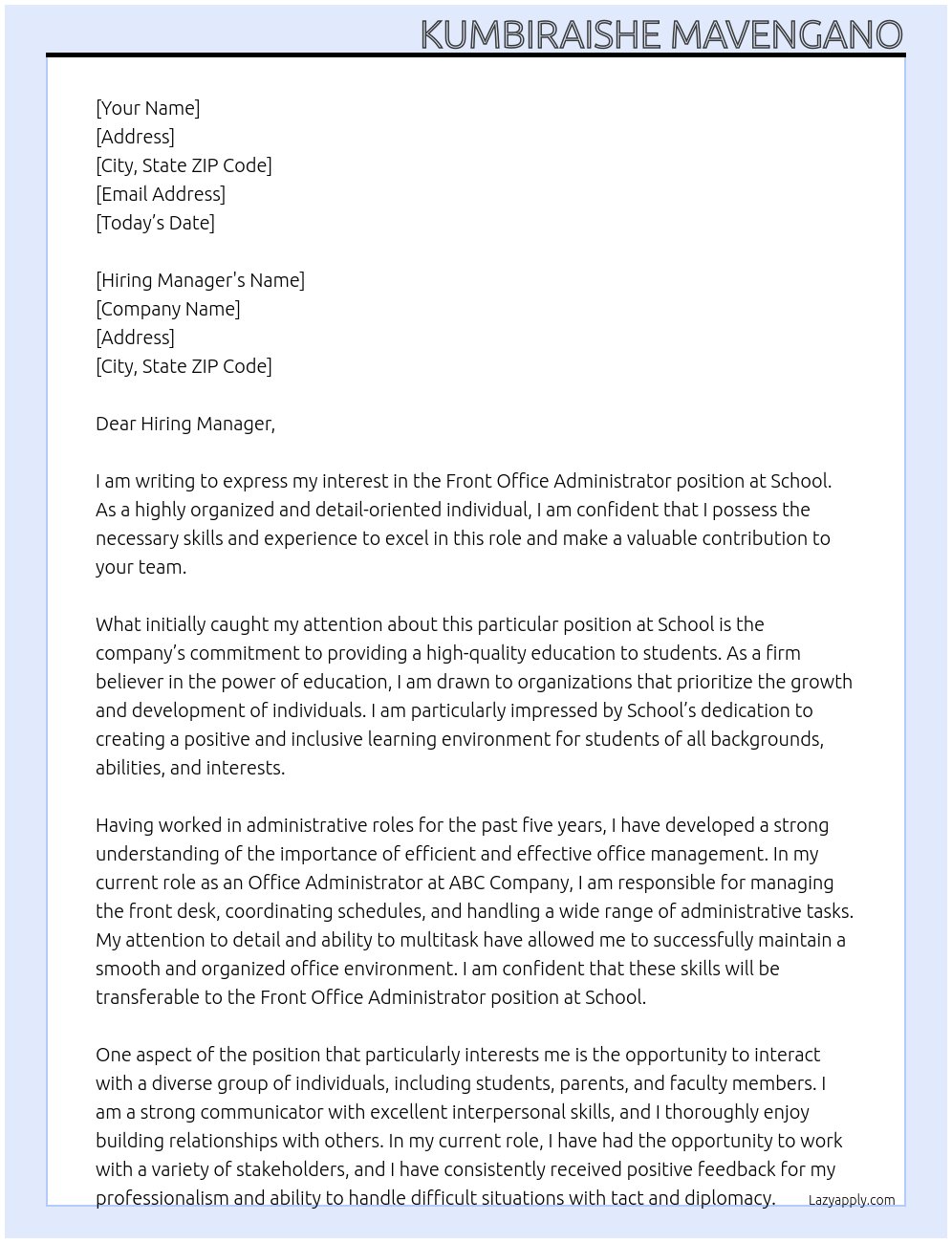 Front Office Administrator  At School Cover Letter