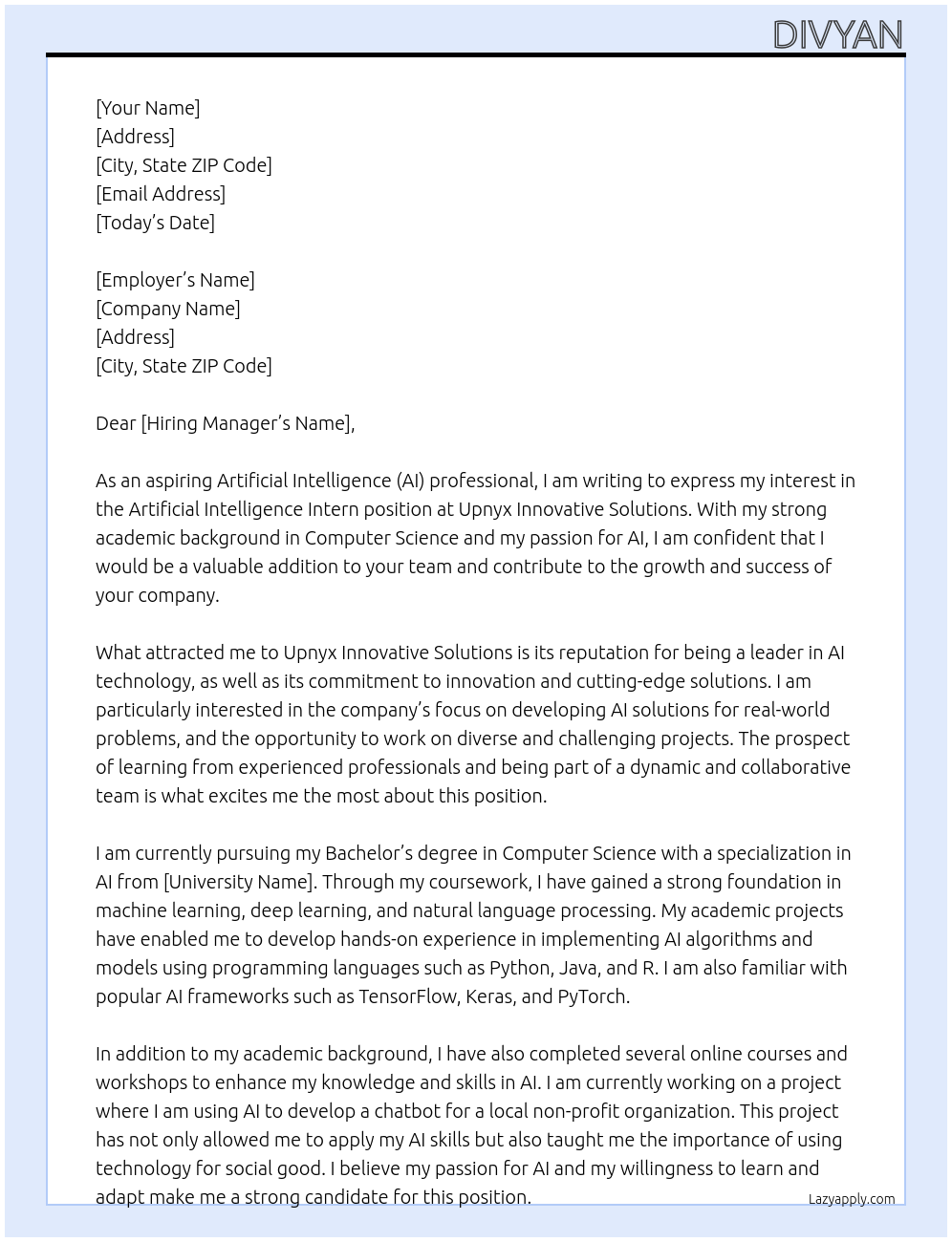 Artificial Intelligence Intern At Upnyx Innovative Solutions Cover Letter