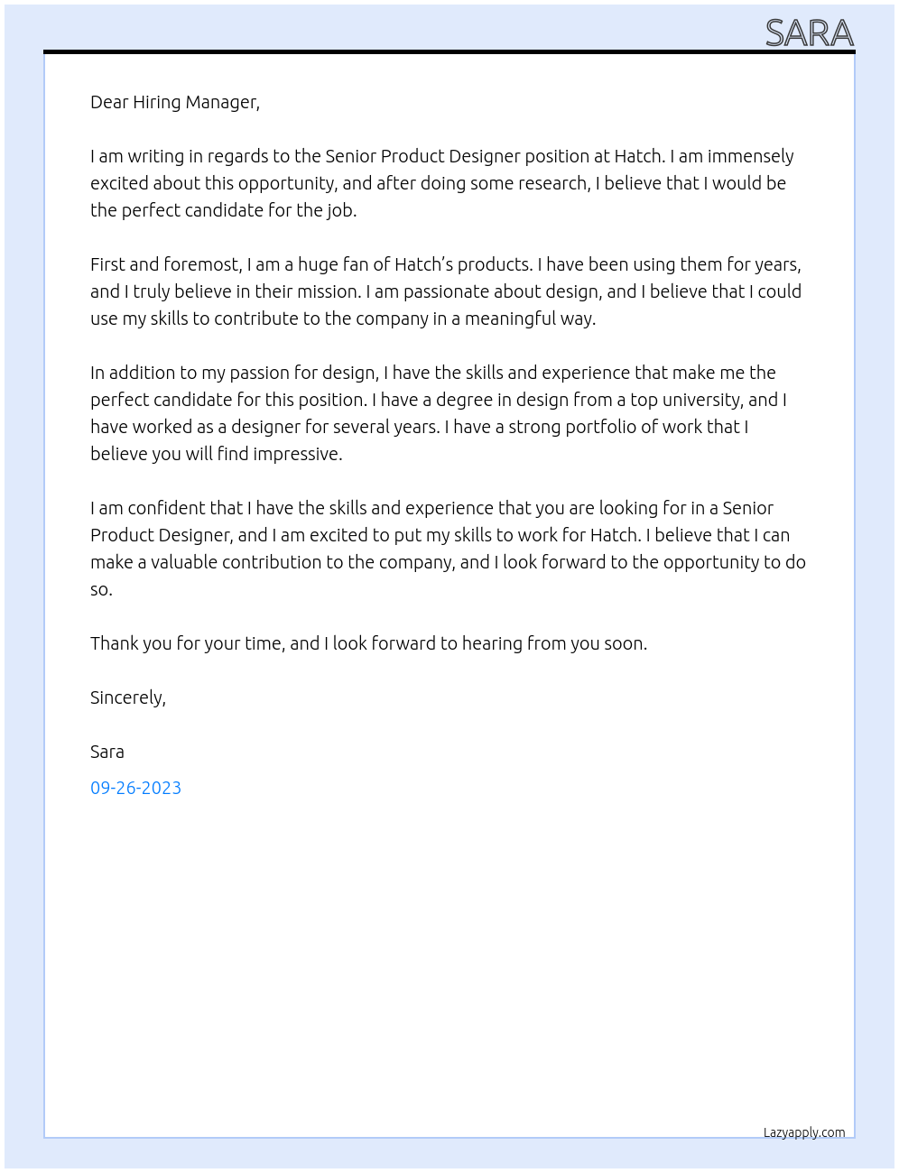 Senior Product Designer At Hatch Cover Letter